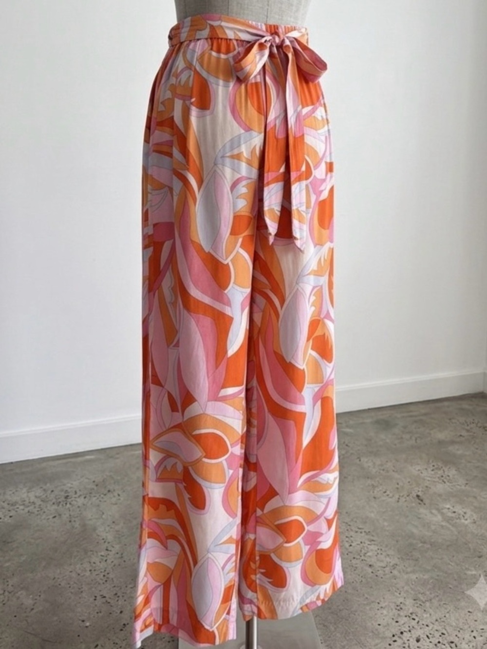 JL| Wide Leg Tie-Waist Lightweight Pants in Orange & Pink Retro 70s Print Sz M - Picture 1 of 8